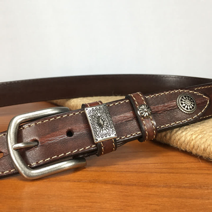 Cintura da uomo in pelle piena fiore con decorazione a rivetti vintage