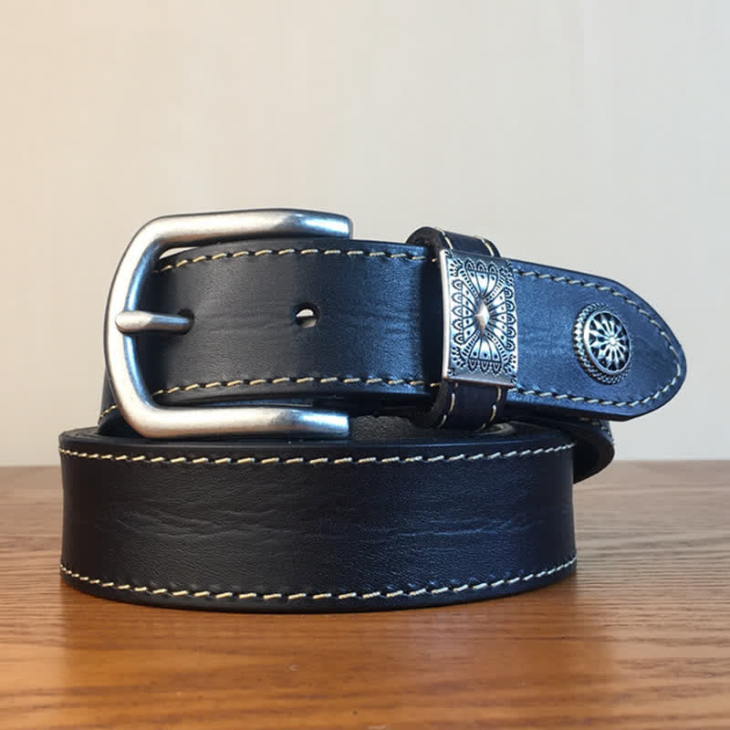 Cintura da uomo in pelle piena fiore con decorazione a rivetti vintage