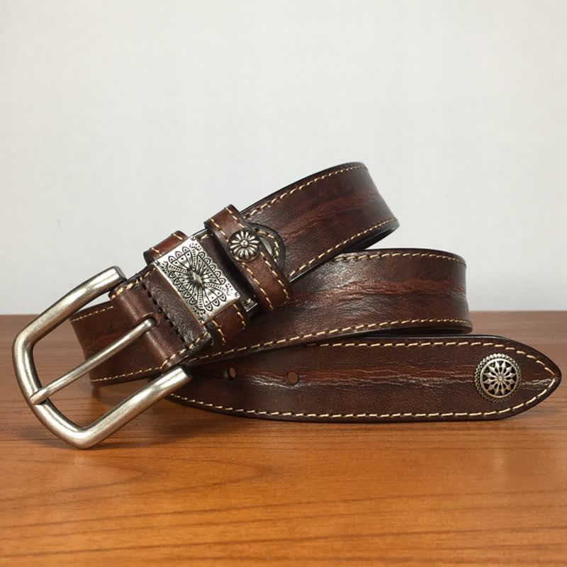 Cintura da uomo in pelle piena fiore con decorazione a rivetti vintage