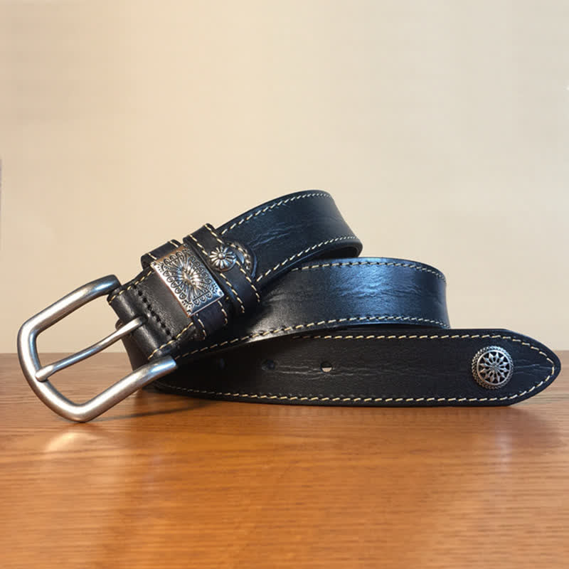 Cintura da uomo in pelle piena fiore con decorazione a rivetti vintage