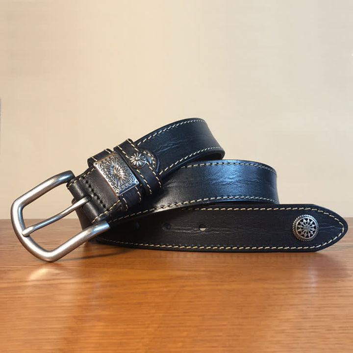 Cintura da uomo in pelle piena fiore con decorazione a rivetti vintage