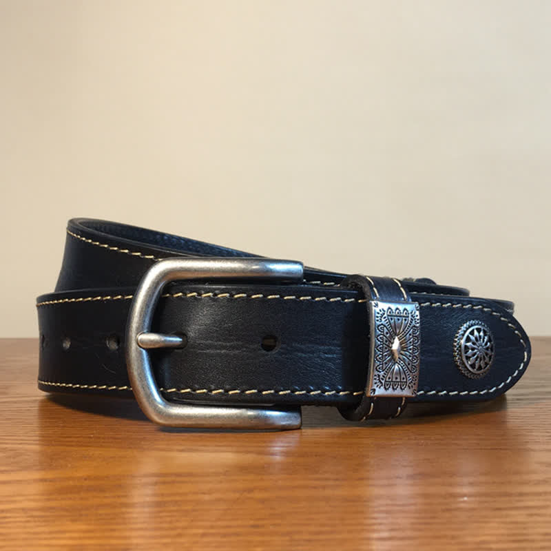 Cintura da uomo in pelle piena fiore con decorazione a rivetti vintage