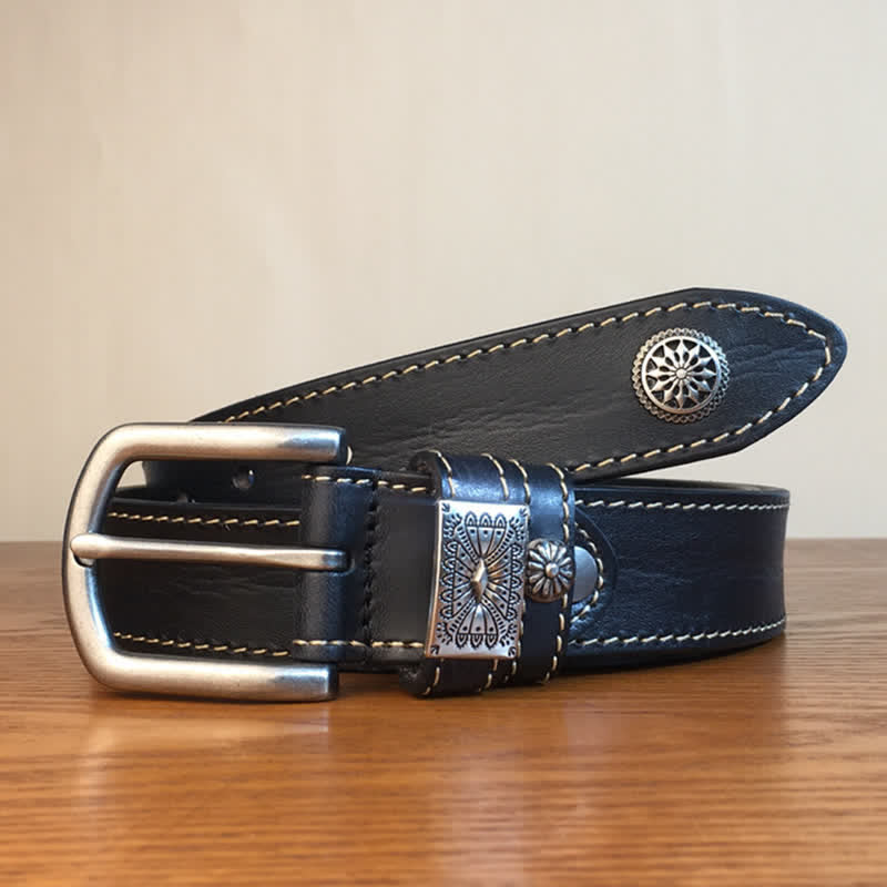 Cintura da uomo in pelle piena fiore con decorazione a rivetti vintage