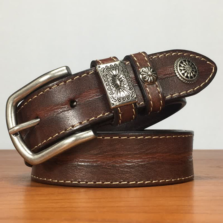 Cintura da uomo in pelle piena fiore con decorazione a rivetti vintage