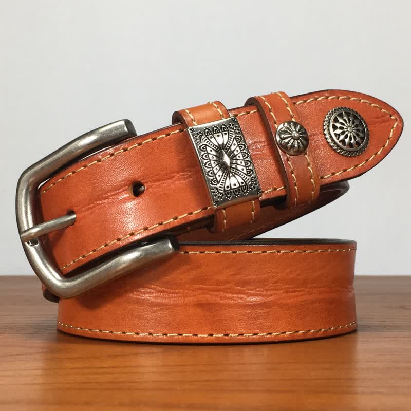 Cintura da uomo in pelle piena fiore con decorazione a rivetti vintage