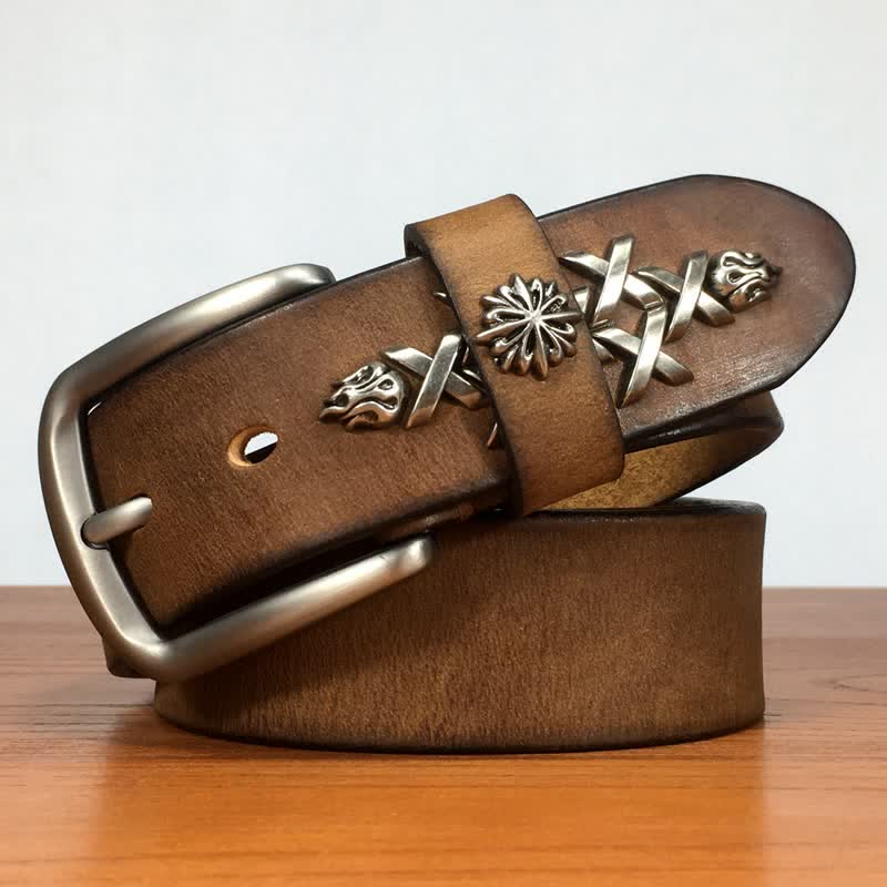 Cintura in pelle con rivetti intagliati decorativi retrò da uomo - Cachi - 44 - image 0