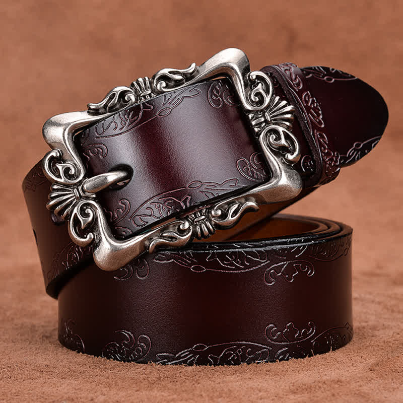 Cintura in pelle con fibbia a fiore intagliato elegante da donna - Caffè - 40 - image 0