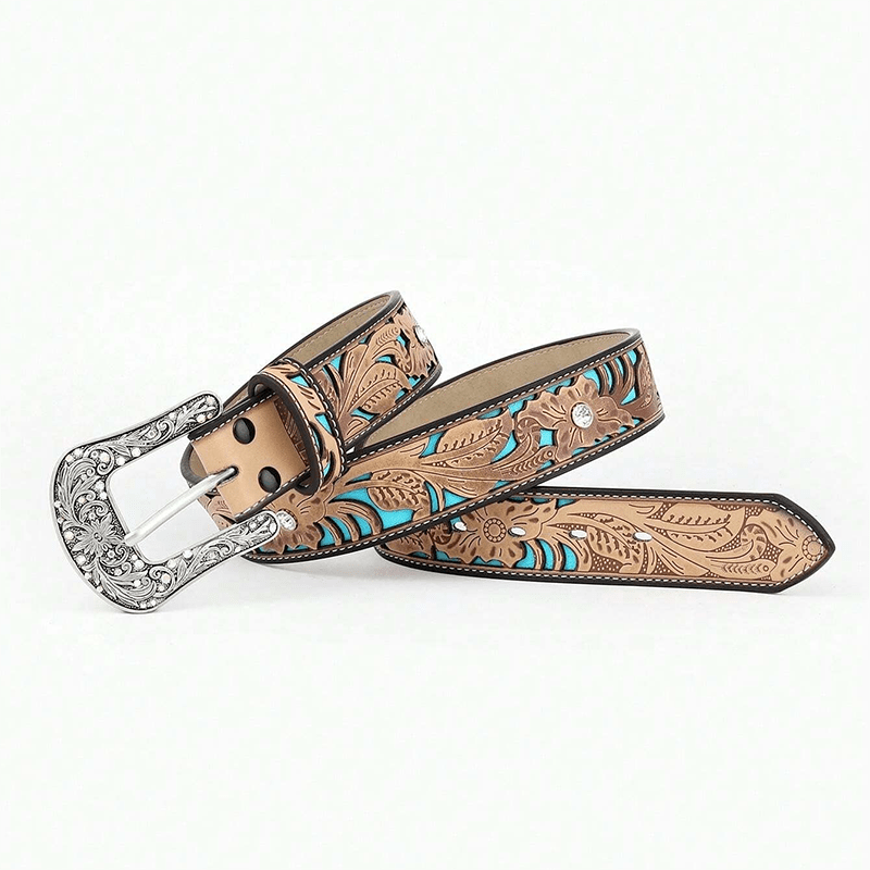 Cintura in pelle di cammello con strass e fiori in rilievo da donna
