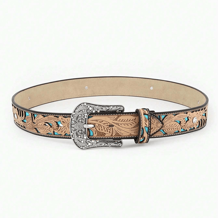 Cintura in pelle di cammello con strass e fiori in rilievo da donna