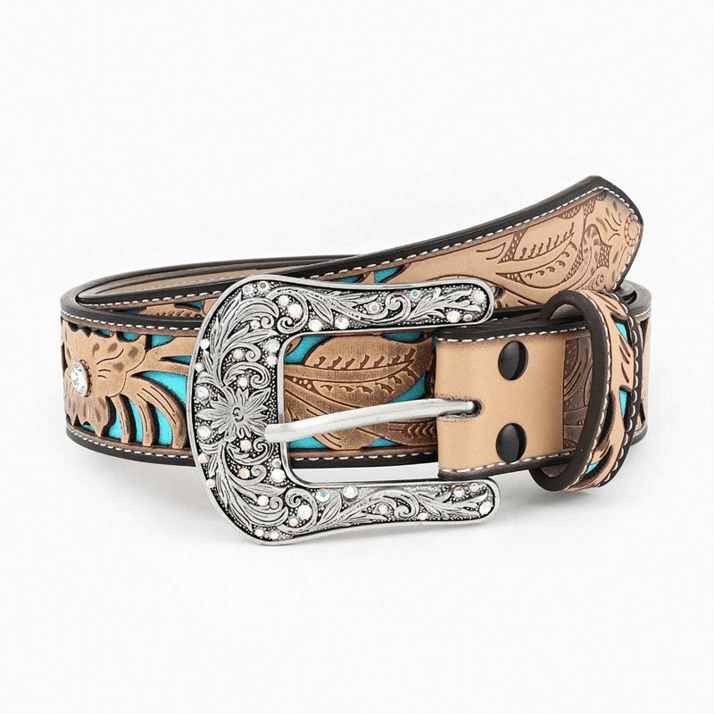 Cintura in pelle di cammello con strass e fiori in rilievo da donna - image 2