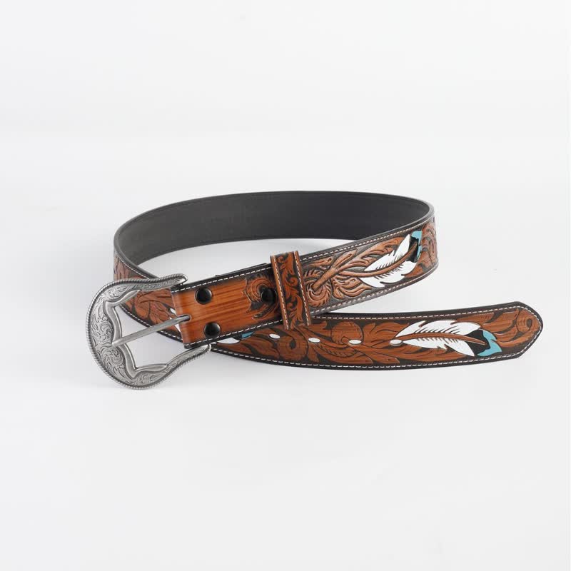 Cintura in pelle stampata con piuma incisa vintage da donna