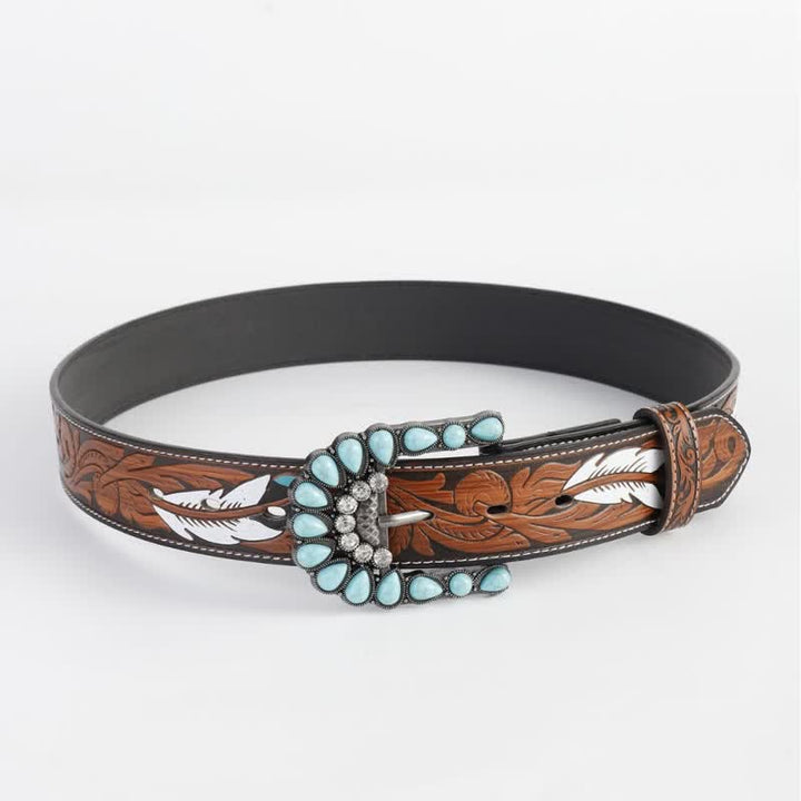 Cintura in pelle stampata con piuma incisa vintage da donna