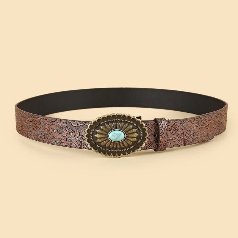 Cintura in pelle marrone con girasole turchese boho da donna - image 1