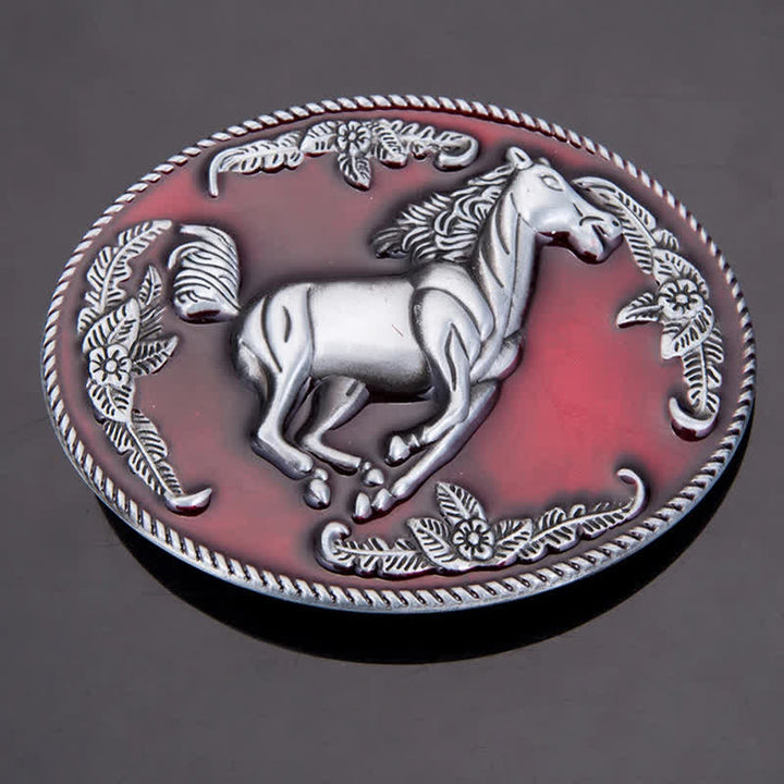 Cintura in pelle fai da te da uomo con fibbia a forma di cavallo in corsa in smalto rosso