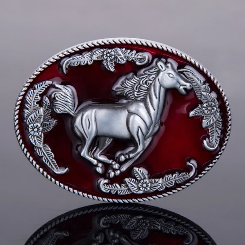 Cintura in pelle fai da te da uomo con fibbia a forma di cavallo in corsa in smalto rosso