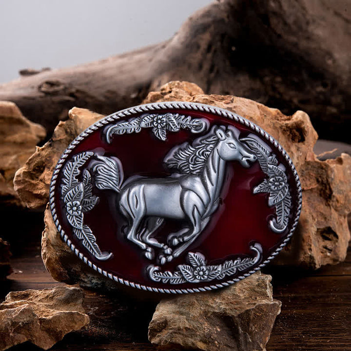 Cintura in pelle fai da te da uomo con fibbia a forma di cavallo in corsa in smalto rosso