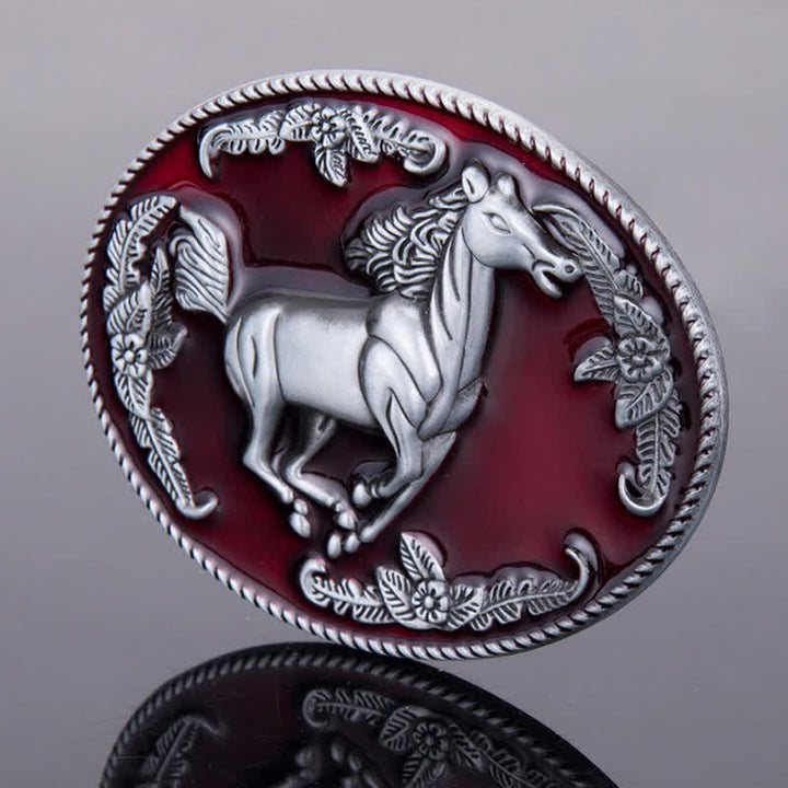 Cintura in pelle fai da te da uomo con fibbia a forma di cavallo in corsa in smalto rosso