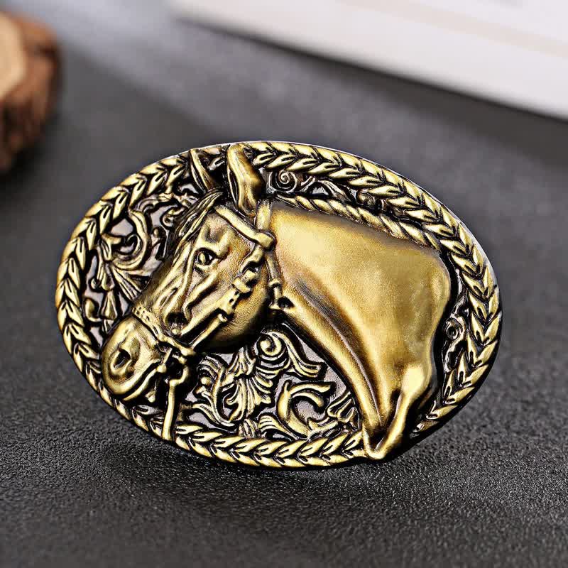 Cintura in pelle con fibbia a testa di cavallo incisa fai da te da uomo - Bronzo antico - Senza cintura - image 0