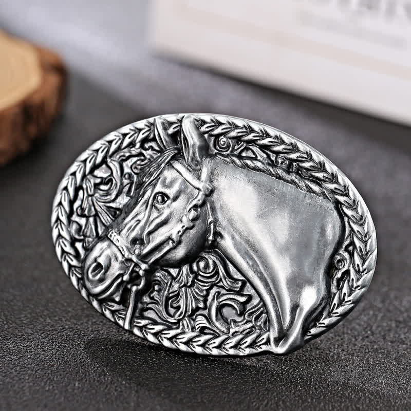 Cintura in pelle con fibbia a testa di cavallo incisa fai da te da uomo - Argento antico - Senza cintura - image 3