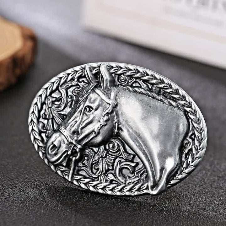 Cintura in pelle con fibbia a testa di cavallo incisa fai da te da uomo - Argento antico - Senza cintura - image 3
