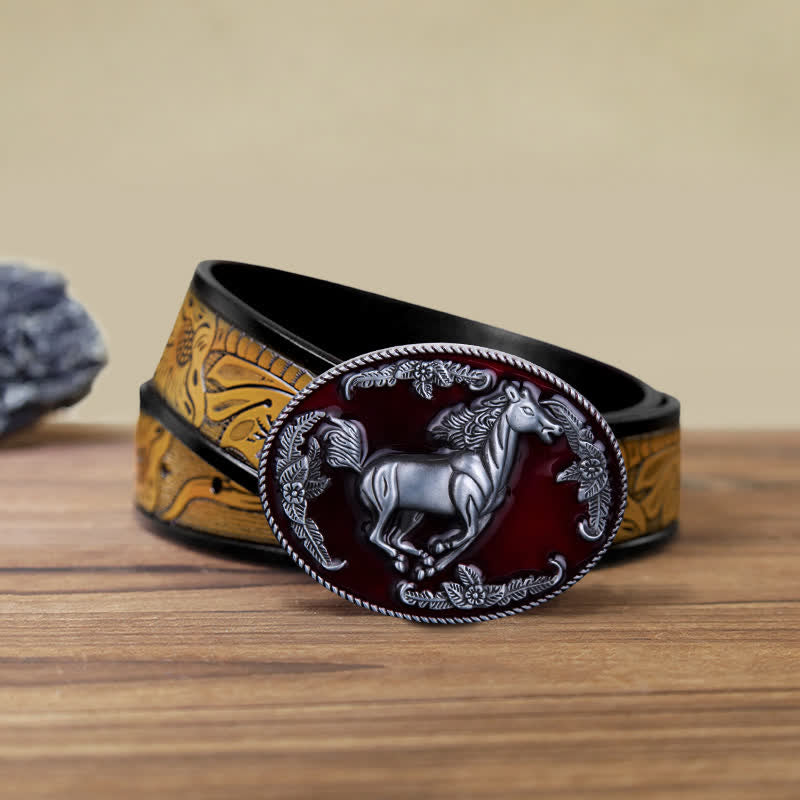 Cintura in pelle fai da te da uomo con fibbia a forma di cavallo in corsa in smalto rosso
