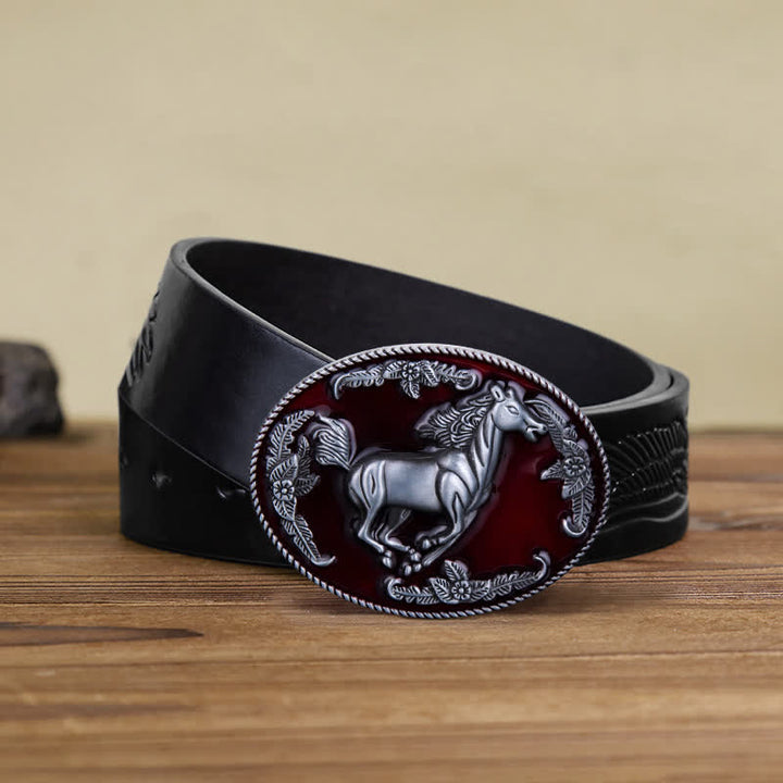 Cintura in pelle fai da te da uomo con fibbia a forma di cavallo in corsa in smalto rosso