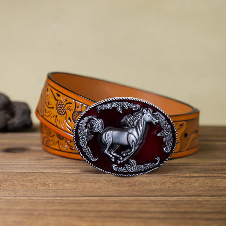 Cintura in pelle fai da te da uomo con fibbia a forma di cavallo in corsa in smalto rosso