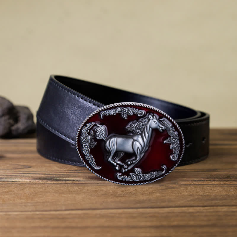 Cintura in pelle fai da te da uomo con fibbia a forma di cavallo in corsa in smalto rosso