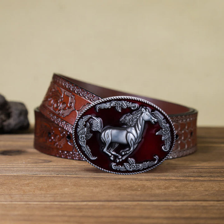 Cintura in pelle fai da te da uomo con fibbia a forma di cavallo in corsa in smalto rosso