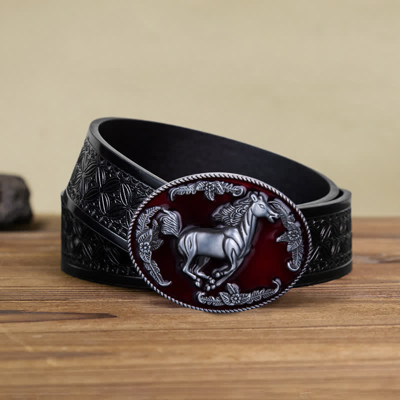 Cintura in pelle fai da te da uomo con fibbia a forma di cavallo in corsa in smalto rosso
