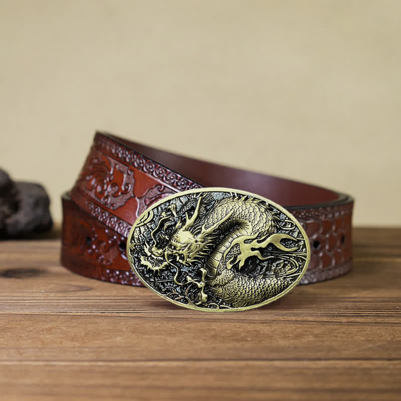 Cintura in pelle con fibbia a forma di drago di fuoco grande fai da te da uomo - Oro antico - Cintura marrone intagliata (40)) - image 17