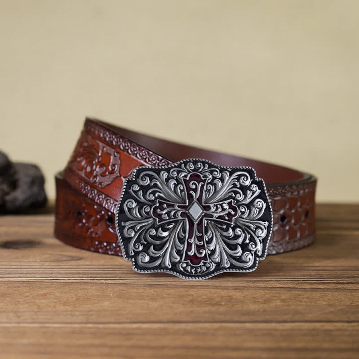 Cintura in pelle con fibbia a croce in smalto rosso fai da te da uomo - Argento antico - Cintura marrone intagliata (40) - image 17