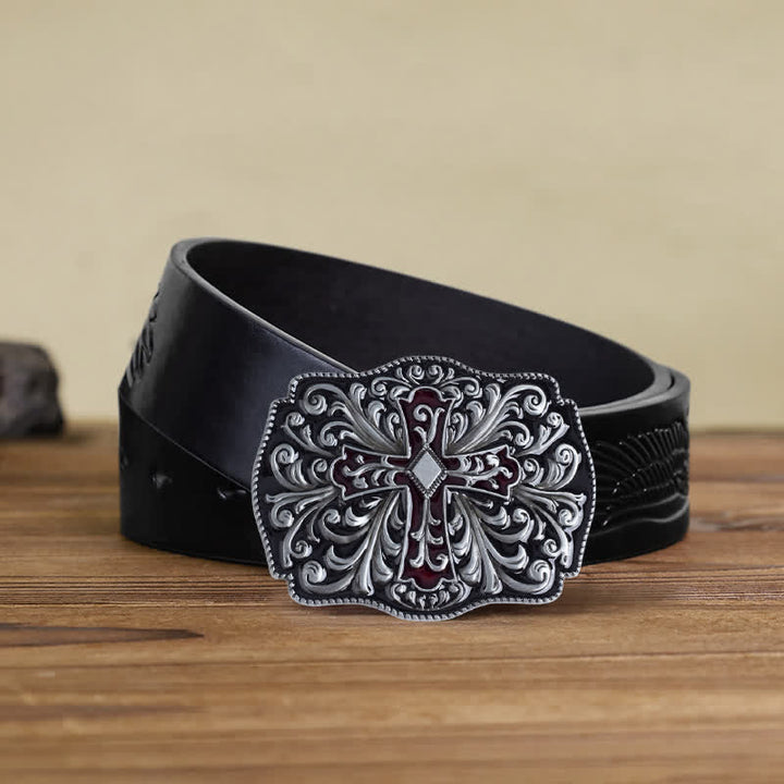 Cintura in pelle con fibbia a croce in smalto rosso fai da te da uomo - Argento antico - Cintura aquila in rilievo nera (40) - image 8