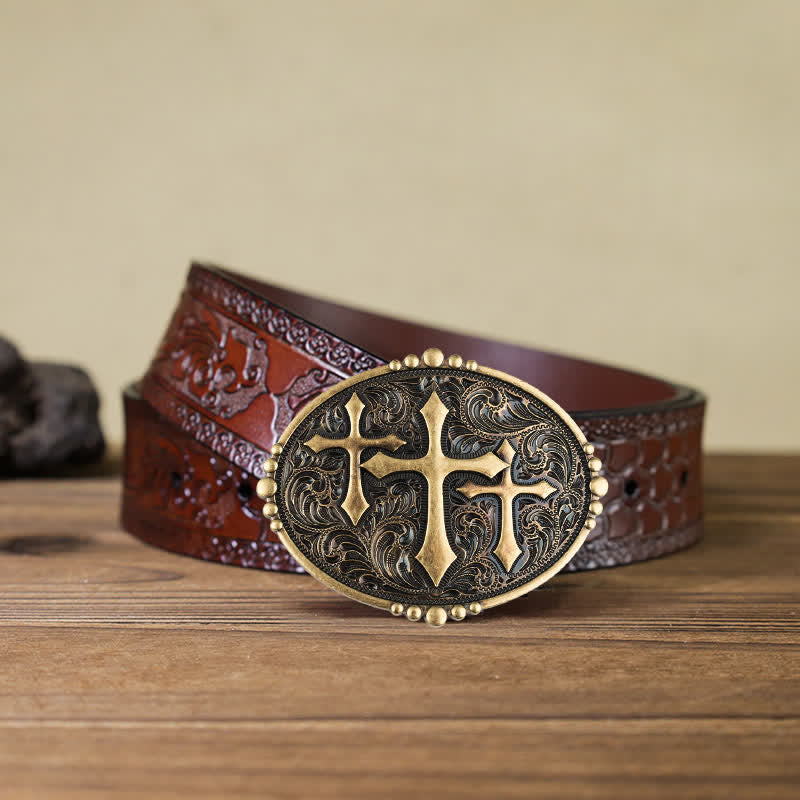 Cintura in pelle con fibbia Attitude Three Crosses fai da te da uomo - Attraverso - Cintura marrone intagliata (40) - image 10