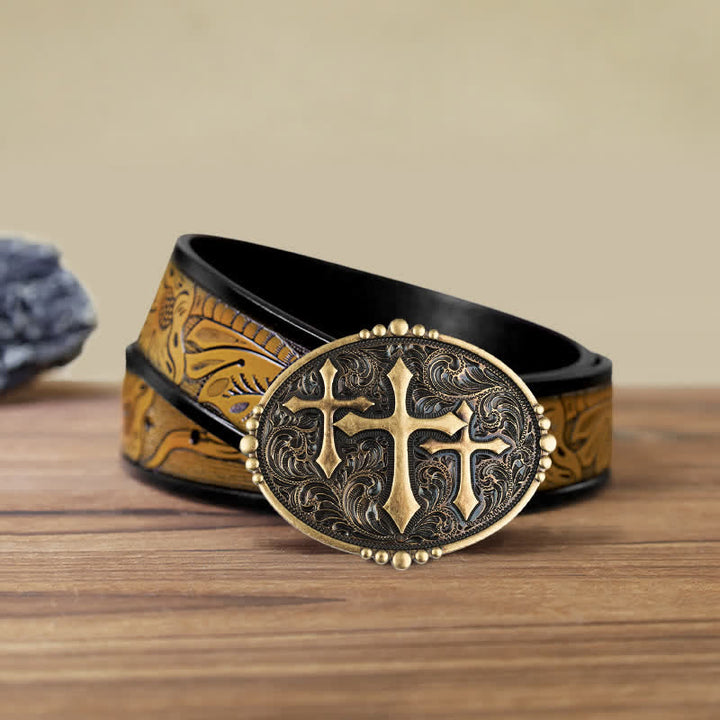 Cintura in pelle con fibbia Attitude Three Crosses fai da te da uomo - Attraverso - Cintura marrone sabbia (40) - image 12