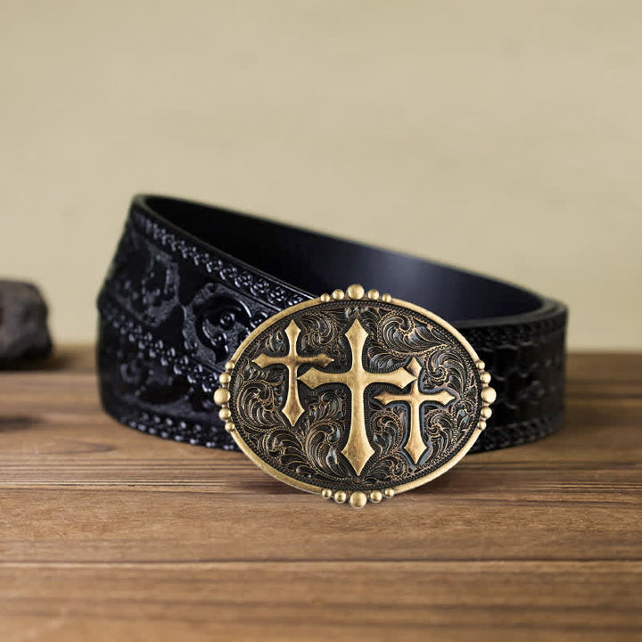 Cintura in pelle con fibbia Attitude Three Crosses fai da te da uomo - Attraverso - Cintura nera intagliata (40) - image 8