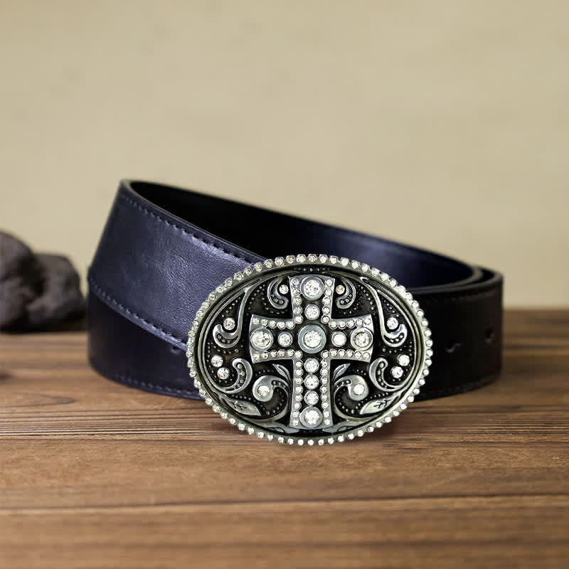 Cintura in pelle con fibbia a croce in cristallo e strass fai da te da uomo