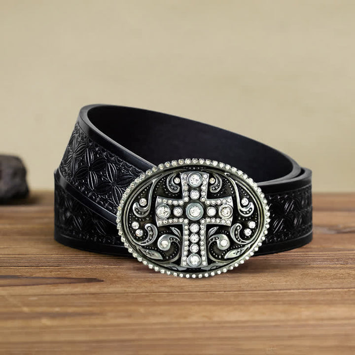Cintura in pelle con fibbia a croce in cristallo e strass fai da te da uomo