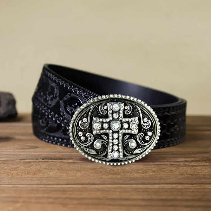 Cintura in pelle con fibbia a croce in cristallo e strass fai da te da uomo