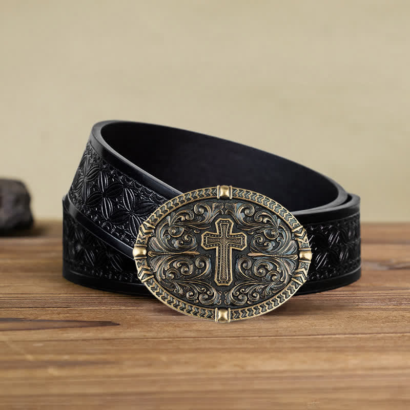 Cintura in pelle con fibbia a croce fai da te da uomo - Bronzo antico - Cintura in tessuto goffrato nero (40) - image 11