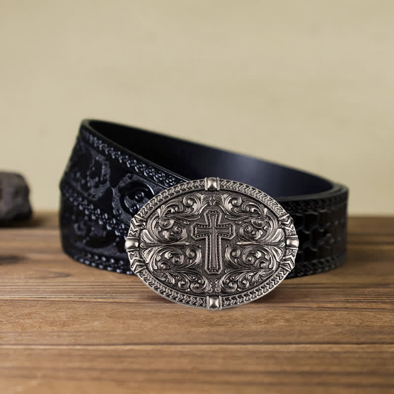 Cintura in pelle con fibbia a croce fai da te da uomo - Argento antico - Cintura nera intagliata (40) - image 13