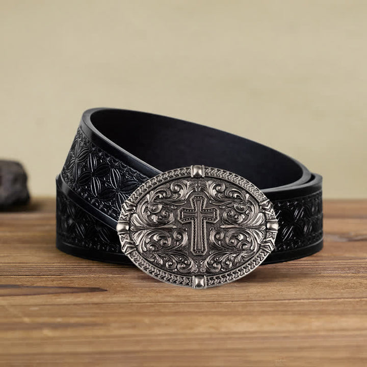 Cintura in pelle con fibbia a croce fai da te da uomo - Argento antico - Cintura in tessuto goffrato nero (40) - image 10