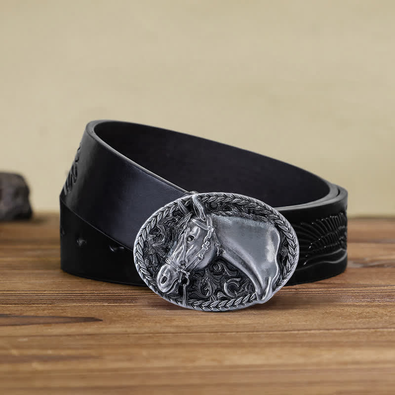 Cintura in pelle con fibbia a testa di cavallo incisa fai da te da uomo - Argento antico - Cintura aquila in rilievo nera (40) - image 10