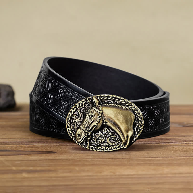 Cintura in pelle con fibbia a testa di cavallo incisa fai da te da uomo - Bronzo antico - Cintura in tessuto goffrato nero (40) - image 12