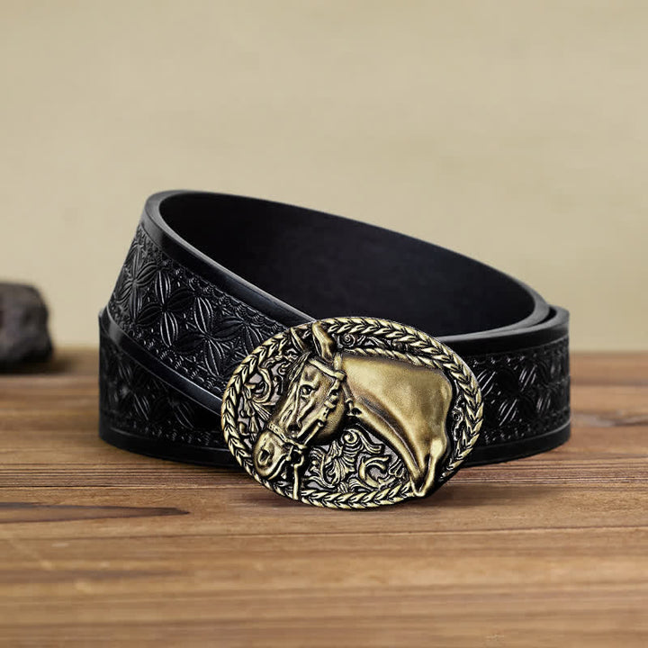 Cintura in pelle con fibbia a testa di cavallo incisa fai da te da uomo - Bronzo antico - Cintura in tessuto goffrato nero (40) - image 12