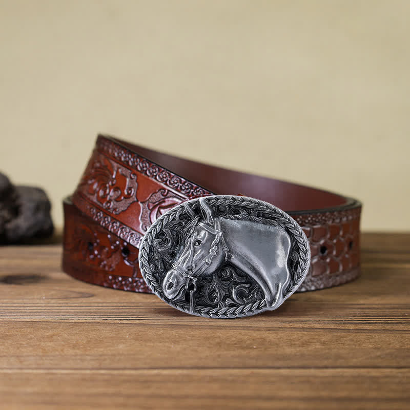 Cintura in pelle con fibbia a testa di cavallo incisa fai da te da uomo - Argento antico - Cintura marrone intagliata (40) - image 19
