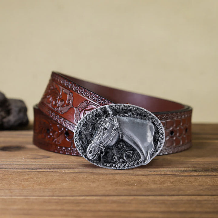 Cintura in pelle con fibbia a testa di cavallo incisa fai da te da uomo - Argento antico - Cintura marrone intagliata (40) - image 19