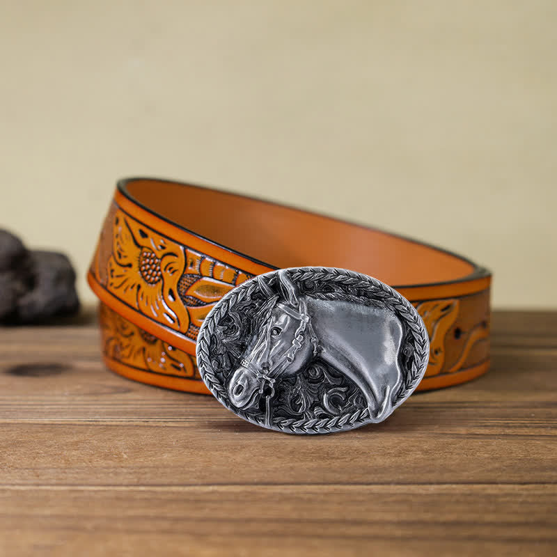 Cintura in pelle con fibbia a testa di cavallo incisa fai da te da uomo - Argento antico - Cintura intagliata arancione (40) - image 25