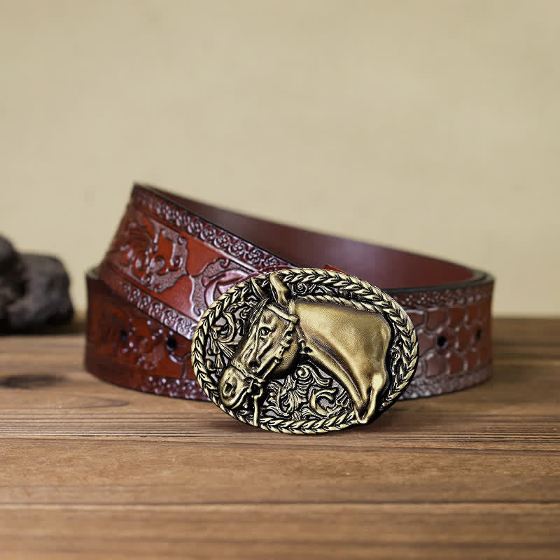 Cintura in pelle con fibbia a testa di cavallo incisa fai da te da uomo - Bronzo antico - Cintura marrone intagliata (40) - image 18