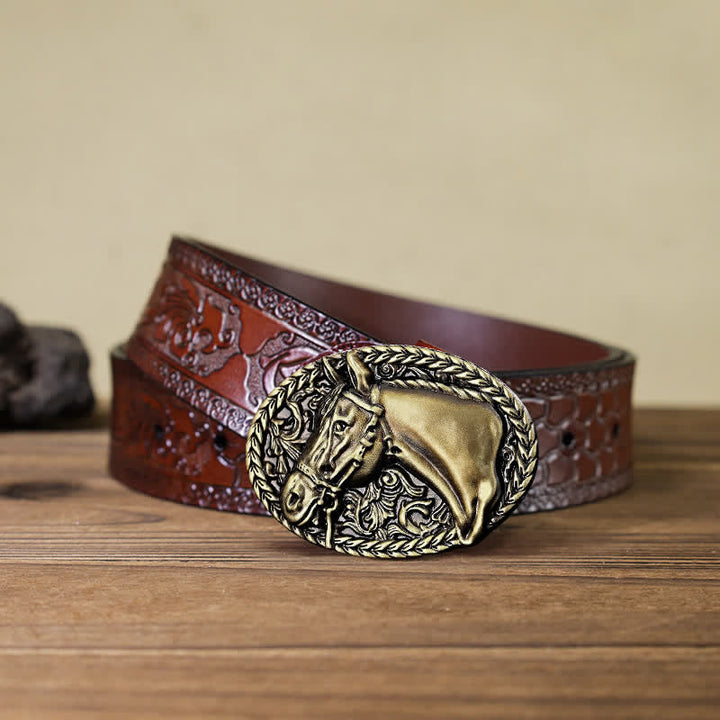 Cintura in pelle con fibbia a testa di cavallo incisa fai da te da uomo - Bronzo antico - Cintura marrone intagliata (40) - image 18